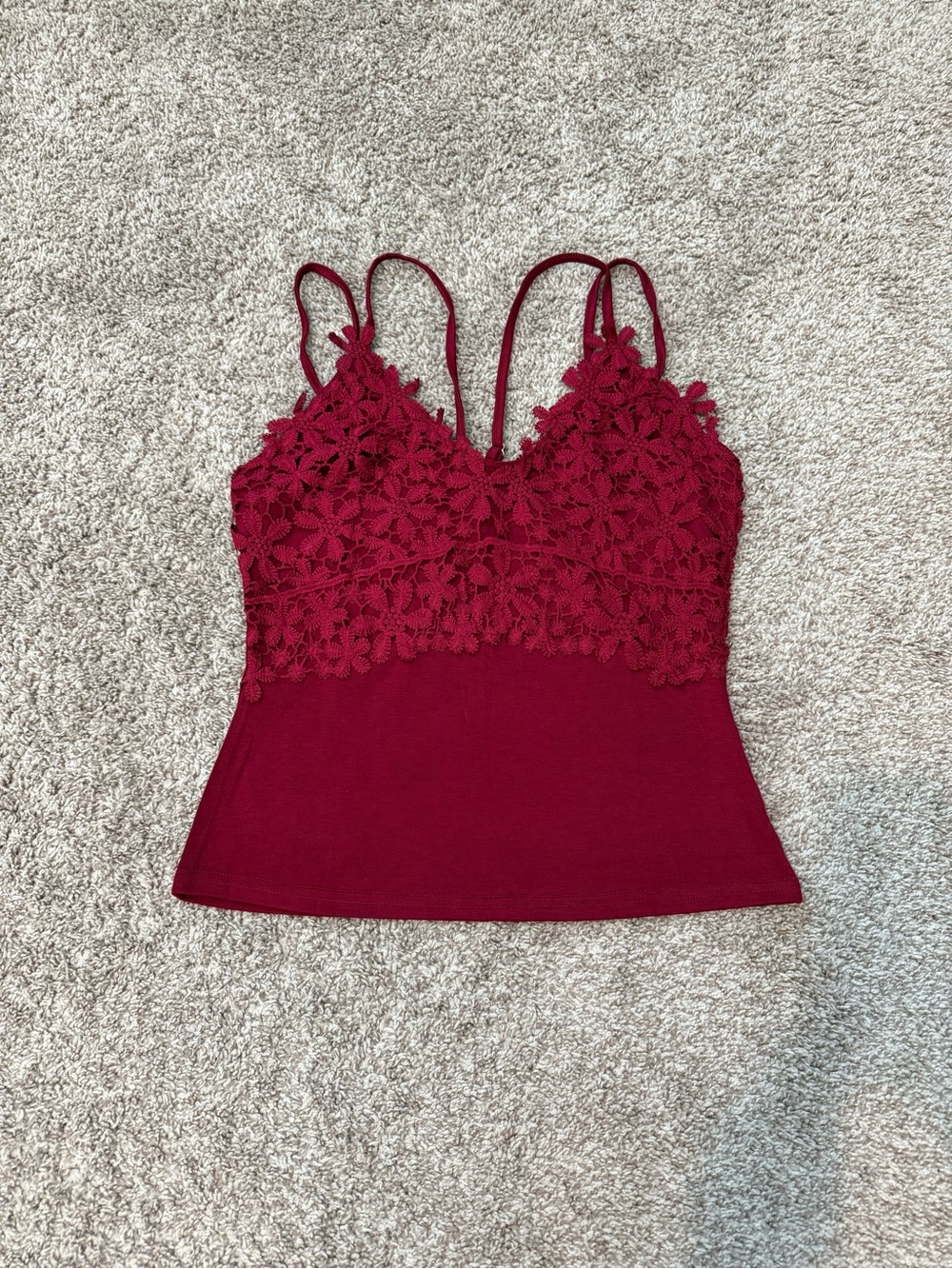 Floral Lace-Overlay Burgundy Camisole with Slim Straps